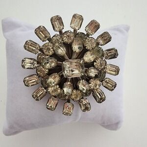 Vintage Silver Tone Clear Rhinestones‎ round circle brooch pin